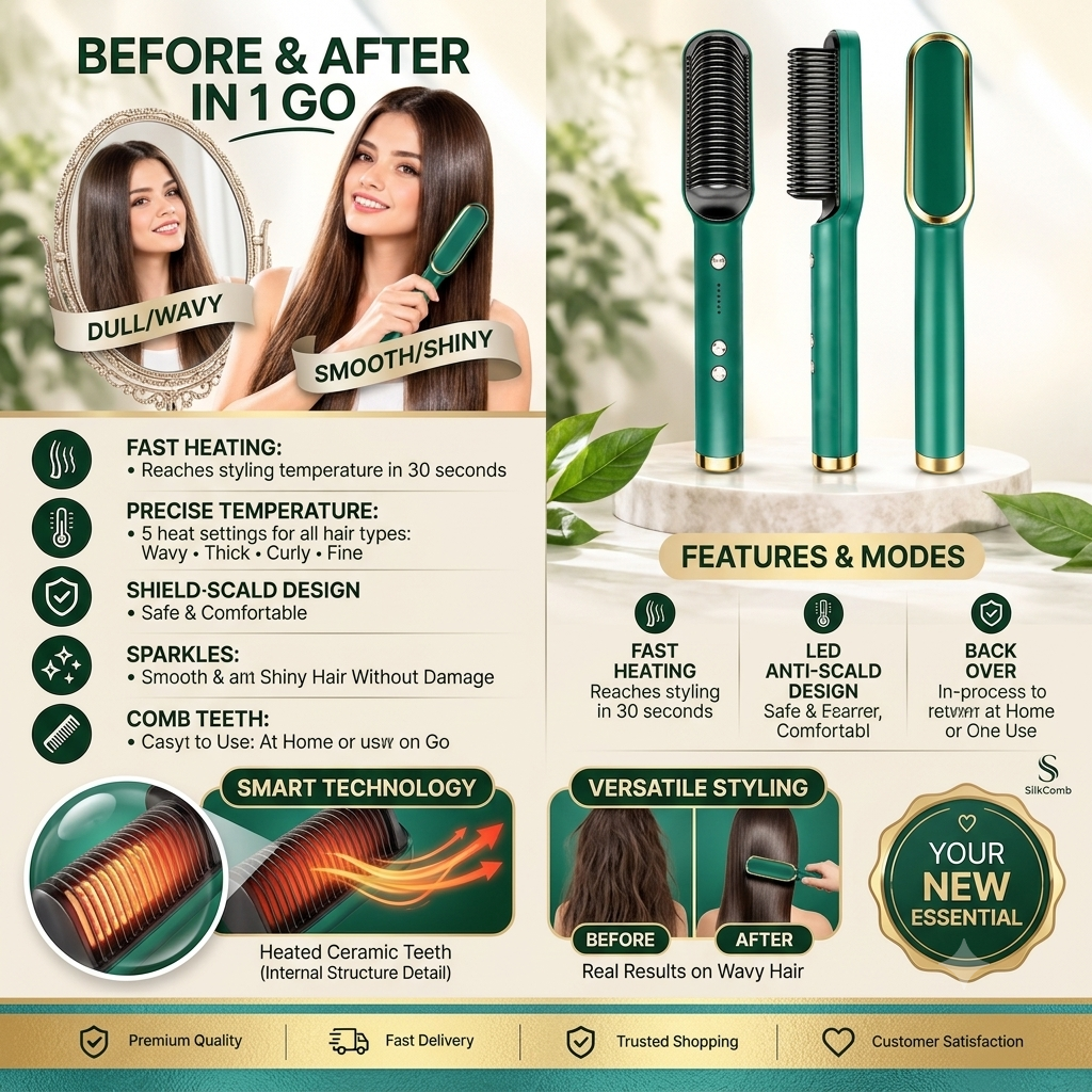 2-in-1 Ceramic Hair Straightening Brush for Women(1 Year Warranty)