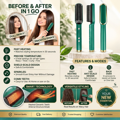 2-in-1 Ceramic Hair Straightening Brush for Women(1 Year Warranty)